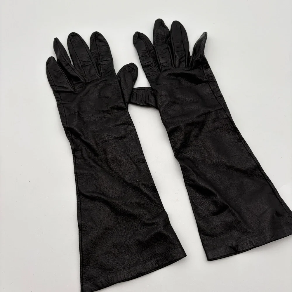 Vintage Gimbels Black Leather Opera Length Gloves Made in Italy Size 7 Blue Line